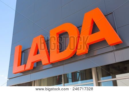 Moscow, Russia - May, 2018: Lada Avtovaz Automobile Dealership Sign. Avtovaz Is The Largest Russian 