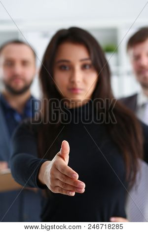 Cheerful Young Businessmen Are Happy To Work Together Friendly Team Woman Lend Hand Acquaintance Con