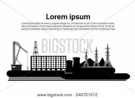Factory Building Nature Pollution Plant Pipe Waste. Silhouette Of An Oil Drilling Rig On White Backg