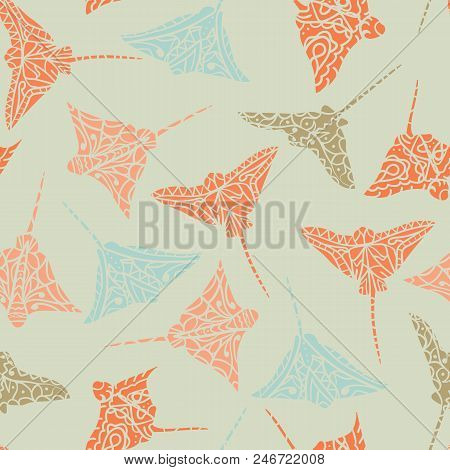 Seamless Pattern With Hand Drawn Vector Cramp-fish Zentangle Doodle Style. Ethnic Pattern, Summer Co