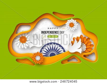 Indian Independence Day Holiday Background. Paper Cut Shapes With Shadow, Doves, Flowers, 3d Wheel I