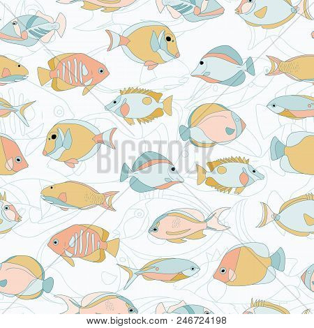 Seamless Vector Pattern With Tropical Marine Fish. Multicolored, Summer Fish. Pastel Colors.