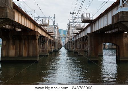 Beautiful Bridge At Umeda From Across The Yodogawa River.