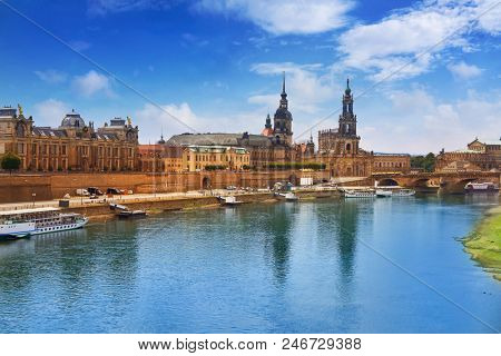 Dresden skyline reflecion in Elbe river in Saxony of Germany