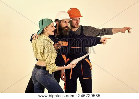 Working Team. Brigade Of Workers, Builders In Helmets, Repairers And Lady Discuss Contract, White Ba