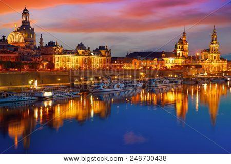Dresden sunset skyline reflecion in Elbe river in Saxony of Germany
