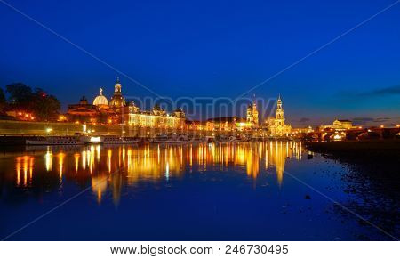 Dresden sunset skyline reflecion in Elbe river in Saxony of Germany