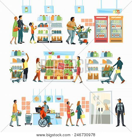 Supermarket Interior. People Shopping Food. People Stand In Line At The Cash Register. A Person In A