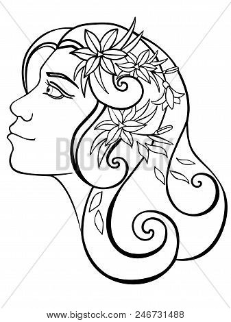 Girl With Flowers In Her Hair. A Woman In A Wreath. Spring. Line Drawing. For Coloring