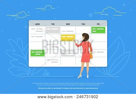 Schedule Planning Concept Illustration Of Young Woman Standing Near Big Calendar And Planning Her Wo