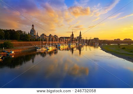 Dresden skyline reflecion in Elbe river at sunset in Saxony of Germany