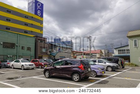 Aomori, Japan - Oct 3, 2017. Car Parking Lot In Aomori, Japan. Aomori Is The Northernmost Prefectura