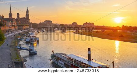 Dresden skyline reflecion in Elbe river at sunset in Saxony of Germany