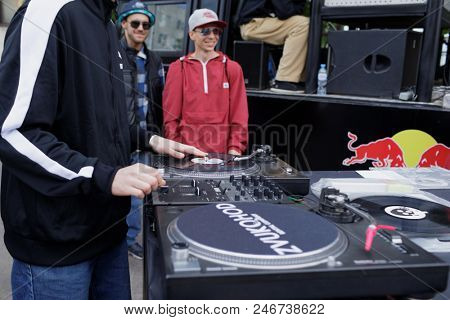 ST. PETERSBURG, RUSSIA - JUNE 1, 2018: Unidentified DJ participates in a battle of Red Bull BC One Camp Russia 2018. 3-days camp includes classes and contests in beatmaking and dj-ing