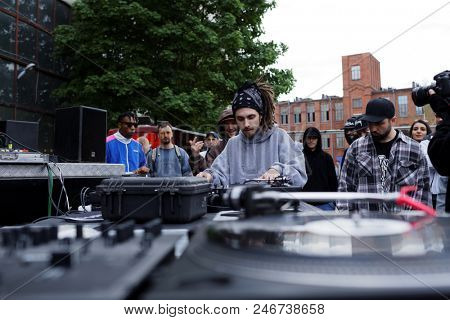 ST. PETERSBURG, RUSSIA - JUNE 1, 2018: Unidentified DJ participates in a battle of Red Bull BC One Camp Russia 2018. 3-days camp includes classes and contests in beatmaking and dj-ing