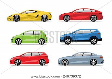 Set Of Modern Cars In Flat Style. Side View Of Hatchback, Sedan, Supercar, Suv, Supermini, Electric 
