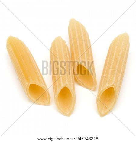 Italian pasta isolated on white background. Pennoni. Penne rigate.
