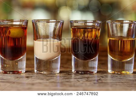 Cocktail Party In The Bar, Cocktails Stand In A Row On The Bar, Space For Text