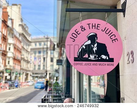 LONDON - JUNE 24, 2018: A sign outside Joe & The Juice coffee bar in central London, UK.