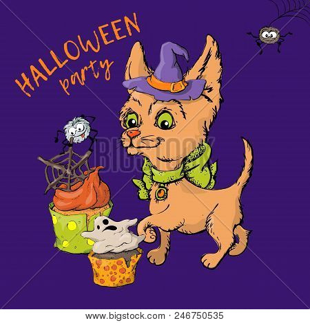 Cartoon Cute Dog Character In A Witch S Hat With A Skull Capkake And A Halloween. Vector Illustratio
