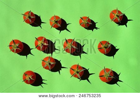 Red Herry Tomatos On Green Paper Background