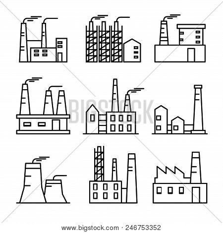 Industrial Buildings Thin Line Icons Set. Plant And Factrories. Heavy Industry Power And Nuclear Pla