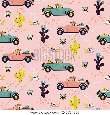 Car Race In Sand Desert Cute Girl Seamless Pattern Wallpaper. Western Floral Cactus Plants And Anima