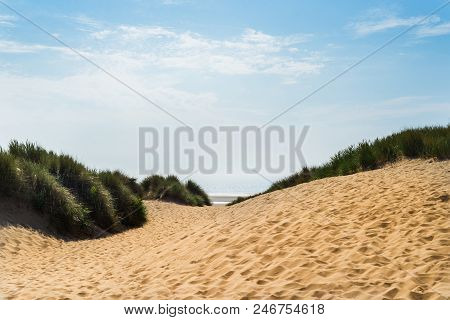 Sandy Formby Beach Near Liverpool On A Sunny Day With Lots Of People. Unusual Hot Summer In Great Br