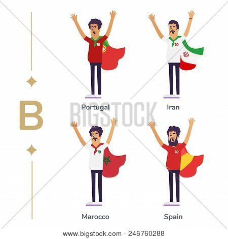 World Competition. Soccer Fans Support National Teams. Football Fan With Flag. Portugal, Iran, Maroc