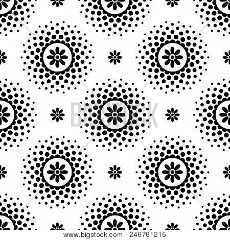 Seamless Pattern With Black Flowers And Halftone Circle Frame On White Background. Halftoned Dots Wi