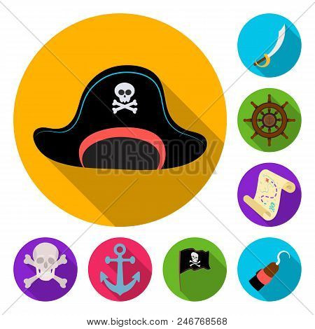 Pirate, Sea Robber Flat Icons In Set Collection For Design. Treasures, Attributes Vector Symbol Stoc