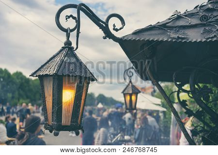 Vintage Lanterns With Yellow Lamps At The Summer Fair In The City At The Solstice Ligo In Riga
