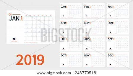 Vector Of 2019 New Year Calendar In Clean Minimal Table Simple Style And Blue And Orange Color,holid
