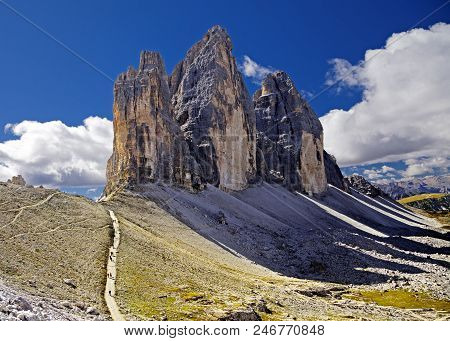 The Tre Cime Di Lavaredo, Three Peaks In The Sexten Dolomites Of Northern Italy