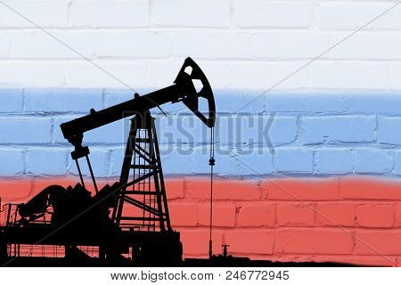 Oil Drilling On The Background Of The Flag Of The Russian Federation