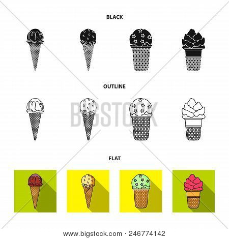 Ice Cream On A Stick, In A Waffle Cone And Other Species. Ice Cream Set Collection Icons In Black, F