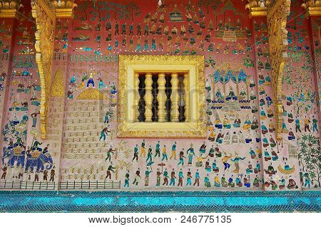 Luang Prabang, Laos - April 14, 2012: Exterior Wall With Beautiful Mosaic Of The Pavilion At Xieng T