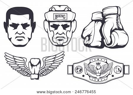 Set Of Different Elements For Box Design - Boxing Gloves, Boxer Man, Boxing Helmet, Boxing Belt. Spo