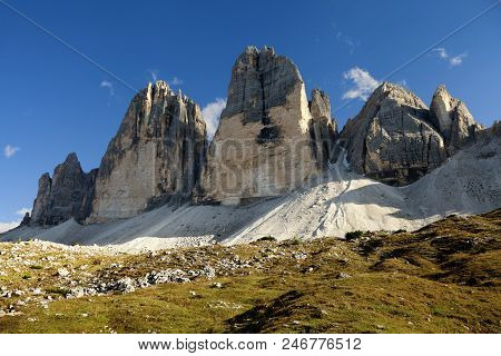 The Tre Cime Di Lavaredo, Three Peaks In The Sexten Dolomites Of Northern Italy