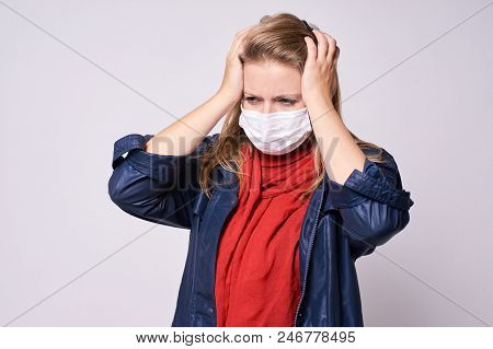 Headache. Young Girl Protect Ill. White Background.