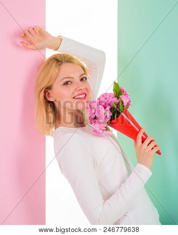 Lady Happy Received Flowers From Secret Admirer. Woman Smiling Dreamy Try Guess Who Fall In Love Wit