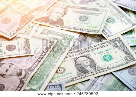 Money Background. American Dollars In Rays Of The Sun