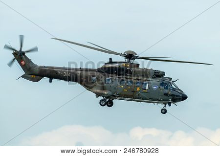 Maribor, Slovenia, June 10 2018 - Aerospatiale Eurocopter As 332 Super Puma Heavy Helicopter The Swi
