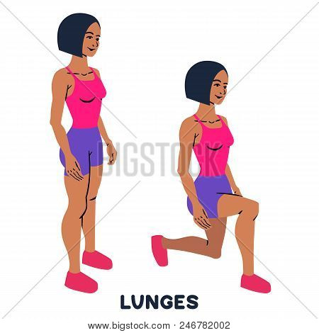 Lunges. Sport Exersice. Silhouettes Of Woman Doing Exercise. Workout, Training Vector Illustration