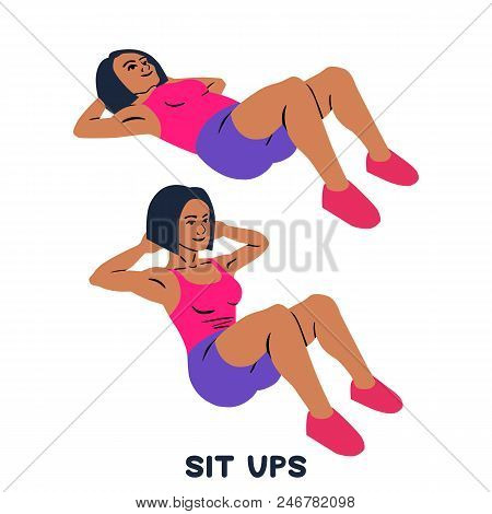 Sit Up. Sport Exersice. Silhouettes Of Woman Doing Exercise. Workout, Training Vector Illustration
