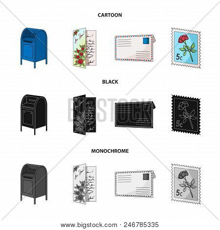 Mailbox, Congratulatory Card, Postage Stamp, Envelope.mail And Postman Set Collection Icons In Carto