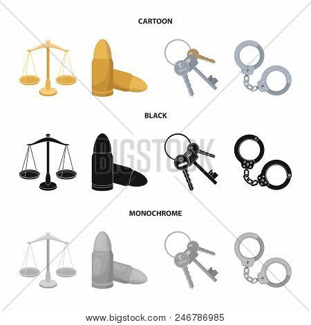 Scales Of Justice, Cartridges, A Bunch Of Keys, Handcuffs.prison Set Collection Icons In Cartoon, Bl