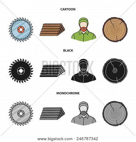 Circular Saw, A Working Carpenter, A Stack Of Logs. A Sawmill And Timber Set Collection Icons In Car