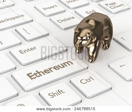 3d Render Of Computer Keyboard With Ethereum Button And Bear. Cryptocurrencies Concept.