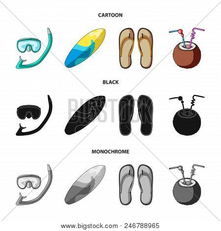 Diving, Surfing, Cocktail.summer Vacation Set Collection Icons In Cartoon, Black, Monochrome Style V